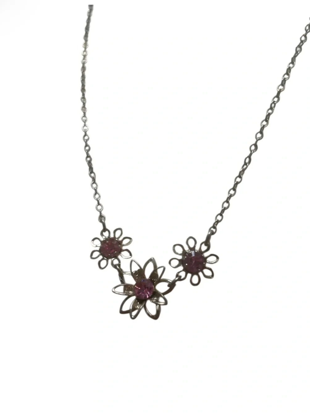 Girl’s Silver Tone Necklace with Pink Floral Accents